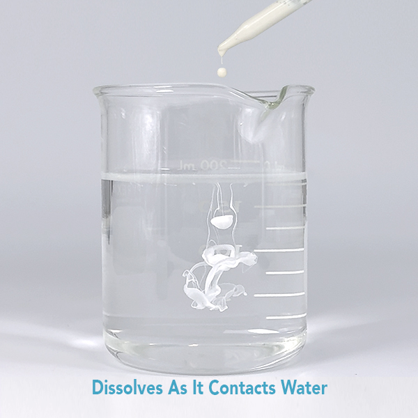 Water Soluble CBD dissolves quickly and evenly into water and water-based CBD product formulations. Image shows how quickly a drop of Water soluble CBD dissolves once it hits water.
