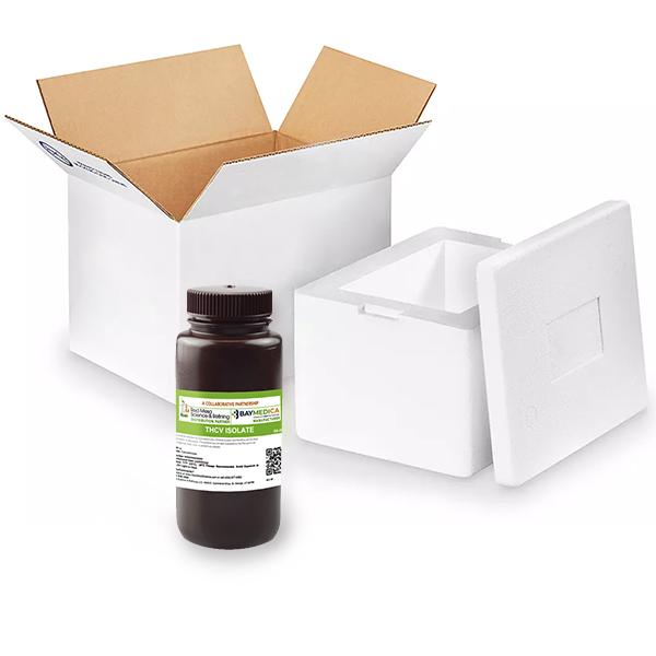 Red Mesa Science and Refining takes great care in packaging THCV Isolate to retain freshness. Image shows the Nalgene container packaged in insulated boxes to protect the THCV from light and heat while in transit.