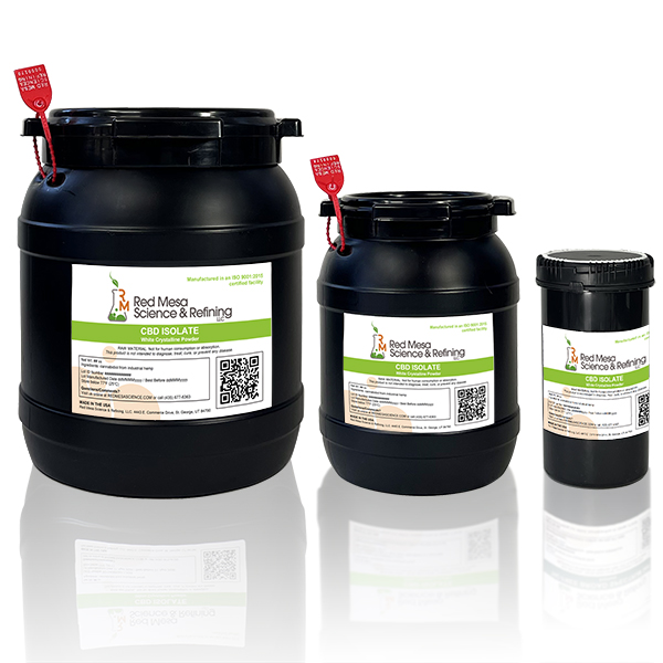  Red Mesa Science sells wholesale Bulk CBD Isolate Raw Materials in 1 kg and 10 kg containers. Image shows the bulk CBD Isolate containers that are food grade and black in color to preserve shelf life.