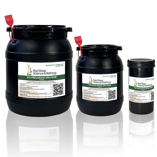 THC-Free Bulk Broad Spectrum Distillate is a highly concentrated CBD oil and is packaged in food grade HDPE containers for industrial formulation use