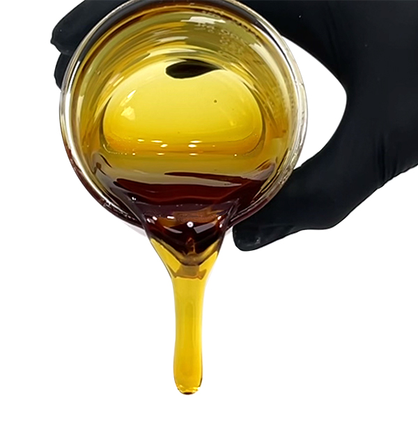 Compliant Full Spectrum CBD Distillate is a versatile ingredient for formulations seeking a high concentration of CBD with other minor cannabinoids at ≤ 0.3$ THC, within the legal limits of THC. Image shows the golden amber CBD oil being poured from a lab beaker to show flowability when heated and its translucent nature.