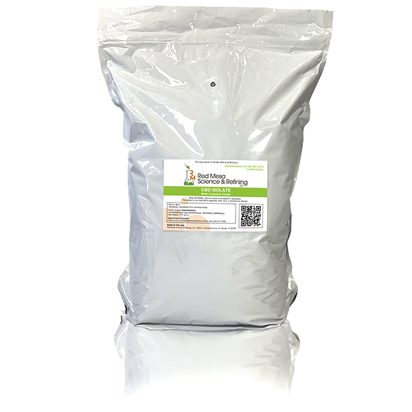Wholesale CBD Isolate in bulk bag packaging for less waste. Image shows CBD Isolate in the large bulk white bag for easy dispensing of high potency CBD.