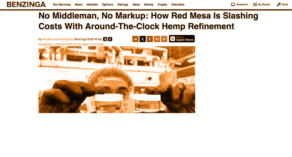 Red Mesa prioritizes operational excellence by building key sourcing partnerships to control expenses, ensuring cost-effective CBD, CBG and CBN raw materials. Image show Red Mesa's team member holding 2 samples of high quality CBG Distiilate to test CBG Purity.