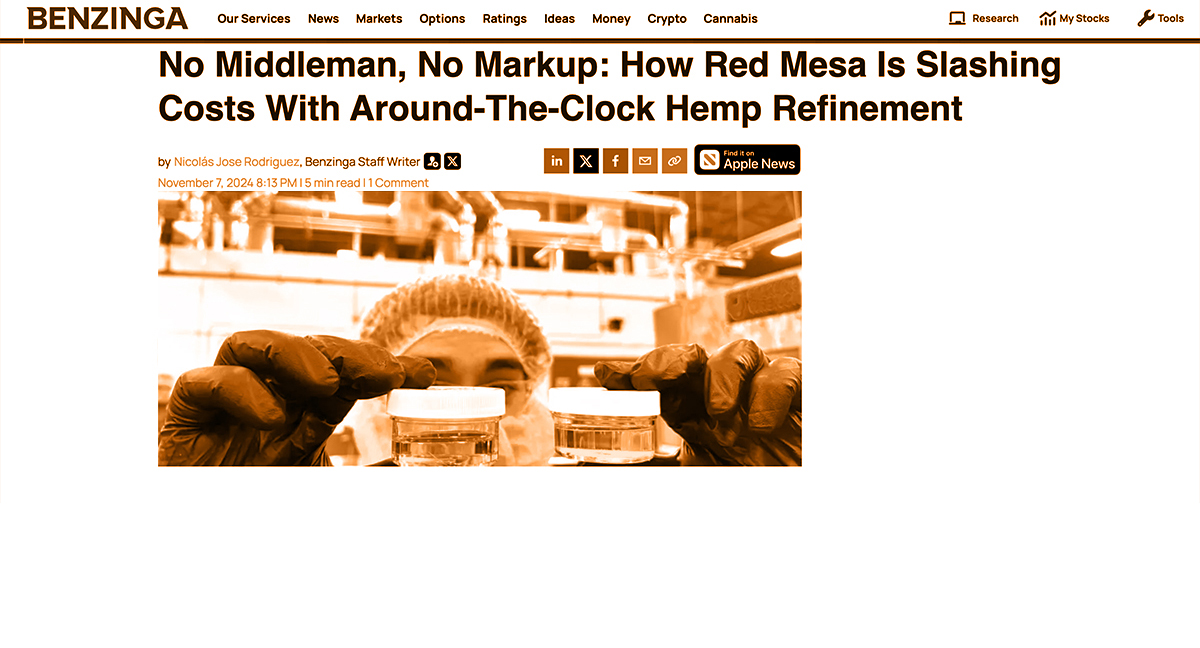Red Mesa prioritizes operational excellence by building key sourcing partnerships to control expenses, ensuring cost-effective CBD, CBG and CBN raw materials. Image show Red Mesa's team member holding 2 samples of high quality CBG Distiilate to test CBG Purity.