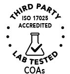 All hemp-derived Isolates and Distillates manufactured by Red Mesa Science and Refining are tested throughout manufacturing with final COAs provided by ISO 17025 third-party accredited labs confirming potency and purity. This badge image signifies a commitment to quality, transparency and trust.