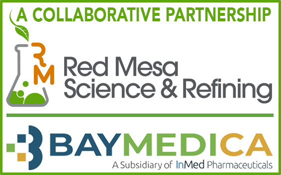 Logos of BayMedica and Red Mesa Science & Refining represent buying wholesale bulk THCV, CBC, and CBDV from Red Mesa Science & Refining for high-quality cannabinoid formulations and bulk supply